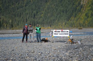 Volunteers at the half marathon turn-around point on Kinney Lake flats.